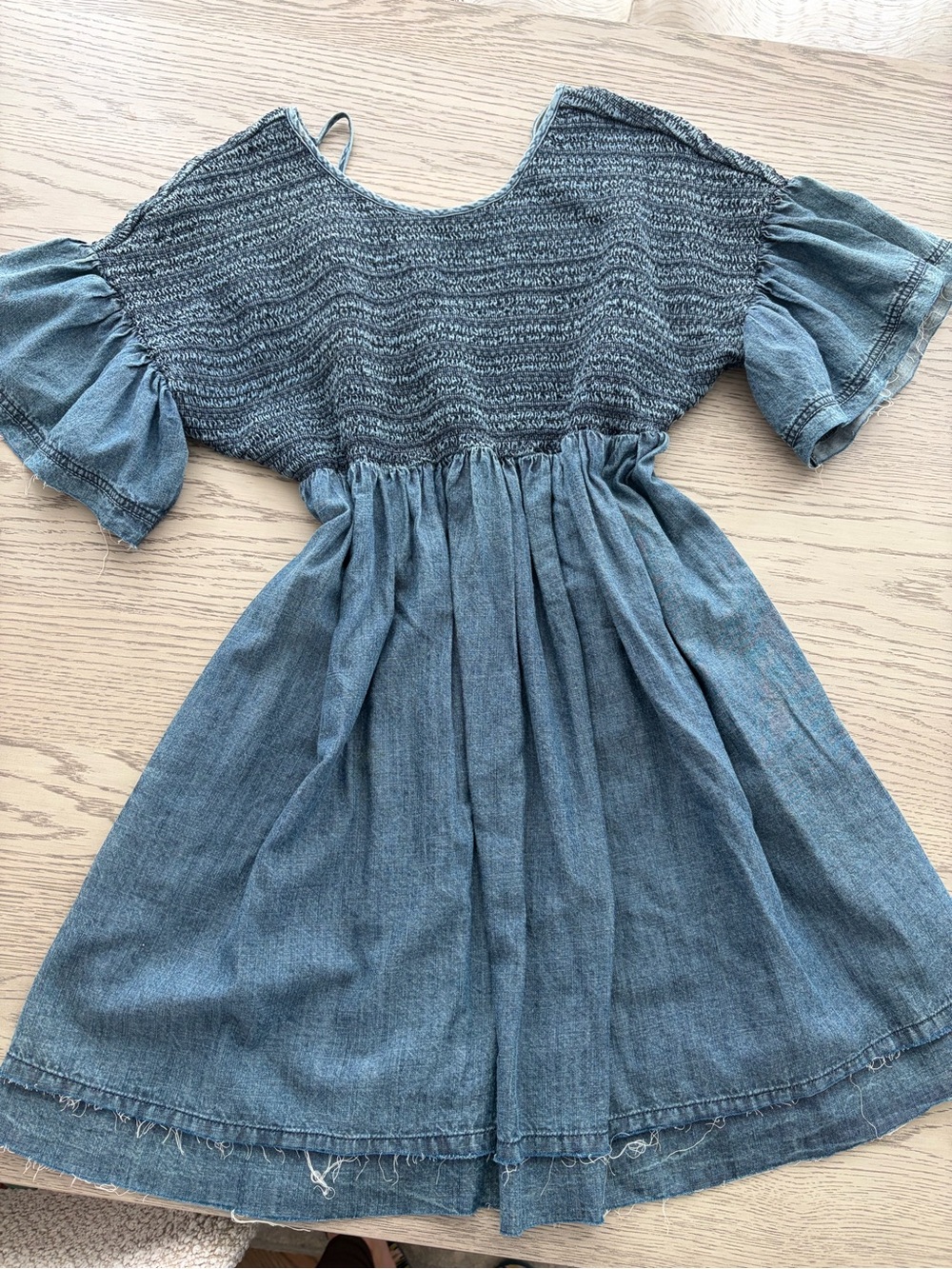 Anthropologie Blue Denim-Look Smocked Mini Dress
